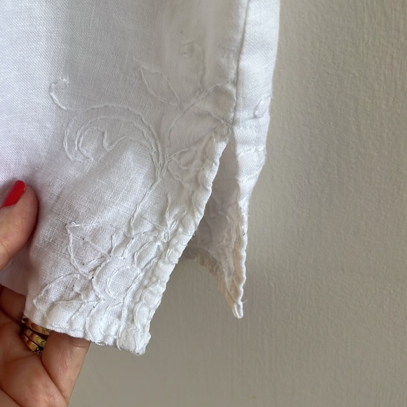 TWEEDS 100% linen White Sleeveless Top embroidery paisley detail XL cottage core - Picture 5 of 8